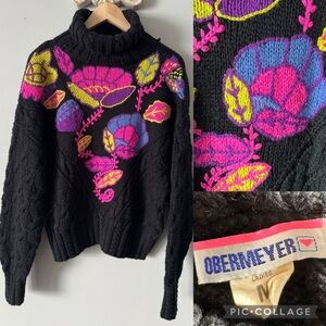 Vintage Obermeyer Cable Knit Turtleneck Sweater Vibrant Floral women’s Medium